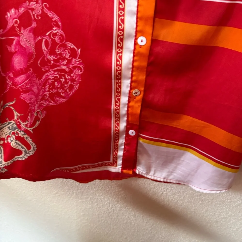 Fashion Nova Red & Cream Printed Silky Button Down Blouse Medium - Picture 5 of 9